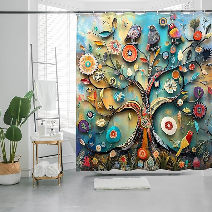 Bohemian Bathroom Curtain Colorful Boho Floral Print Beautiful Bright Polyester Fabric Cloth Shower Curtain for Bathroom Decoration, 72"x72"