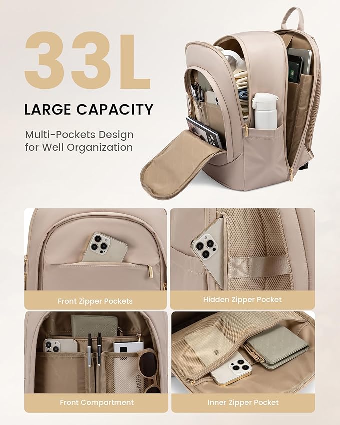 LOVEVOOK Laptop Backpack for Women, Carry On Computer Backpack, 17.3 Inch Work Backpack Purse, Business Bag with Laptop Compartment for Nurse, Teacher, Nude