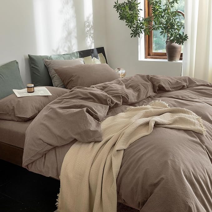 FOSSA Duvet Cover Set 100% Washed Cotton Linen Feel Super Soft Breathable Cozy 3 Pieces Bedding Sets Solid Pale Brown Oversized King Plus
