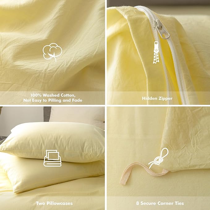 FOSSA Duvet Cover Set 100% Washed Cotton Linen Feel Super Soft Breathable Cozy 3 Pieces Bedding Sets Solid Pastel Yellow King