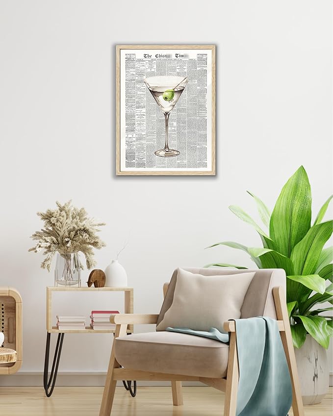 EcoHest Small Trendy Newspaper Martini Framed Wall Art, 8x10 in OAK Wood Retro Bar Cart Canvas Art, Magazine Aesthetic Apartment Art, Funky 70's Set of 1 for Bedroom Living Room
