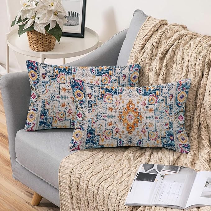 Boho Throw Pillow Covers 12x20 inch Set of 2,Boho Vintage Carpet Pattern Antique Ethnic Decor Double Sided Pattern Cushion Cover Soft Pillow Case Living Sofa Room Bed Square Pillow Cover
