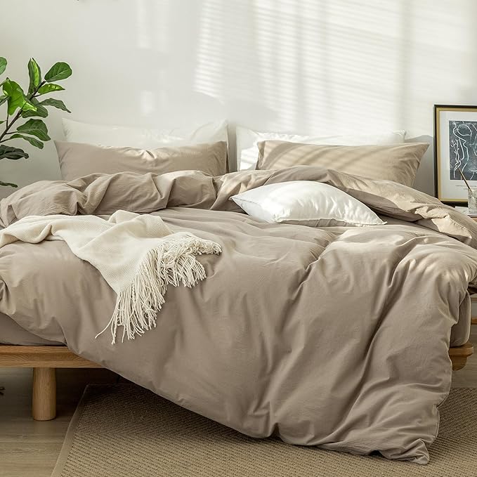 MooMee Bedding Duvet Cover Set 100% Washed Cotton Linen Like Textured Breathable Durable Soft Comfy (Solid Light Camel, Queen 90"x90")