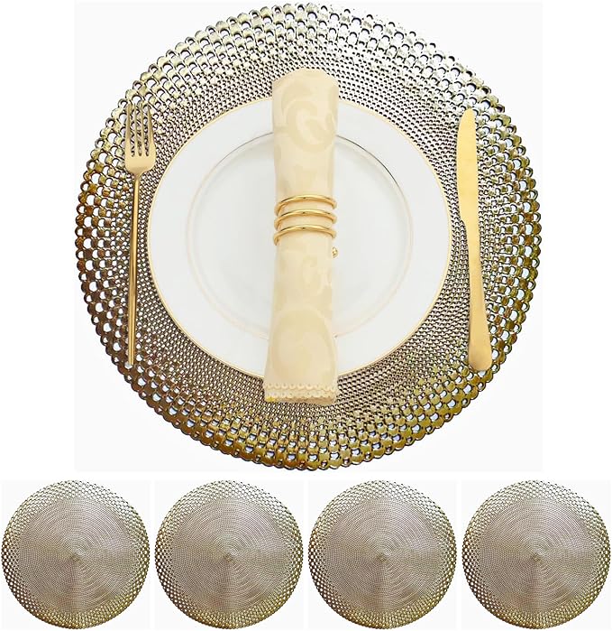 Vinyl Round Placemats Set of 4 - Non Slip Place Mats Ideal for Indoor and Outdoor Dining Table - Washable and Heat Resistant Table Mat for Kitchen Tables (Vincent Gold)