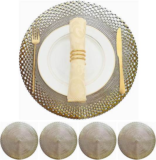 Vinyl Round Placemats Set of 4 - Non Slip Place Mats Ideal for Indoor and Outdoor Dining Table - Washable and Heat Resistant Table Mat for Kitchen Tables (Vincent Gold)