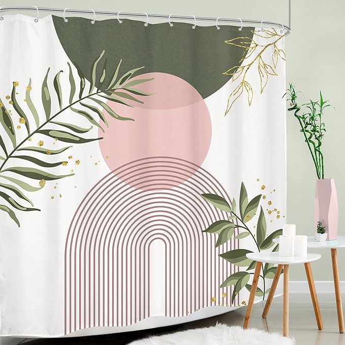Green Pink Boho Shower Curtain 72Wx72H Modern Bohemian Abstract Sage Green Gold Leaves Plant Botanical Minimalist Bathroom Decor Geometric Neutral Bath Curtain Fabric Polyester 12 Pack Hook