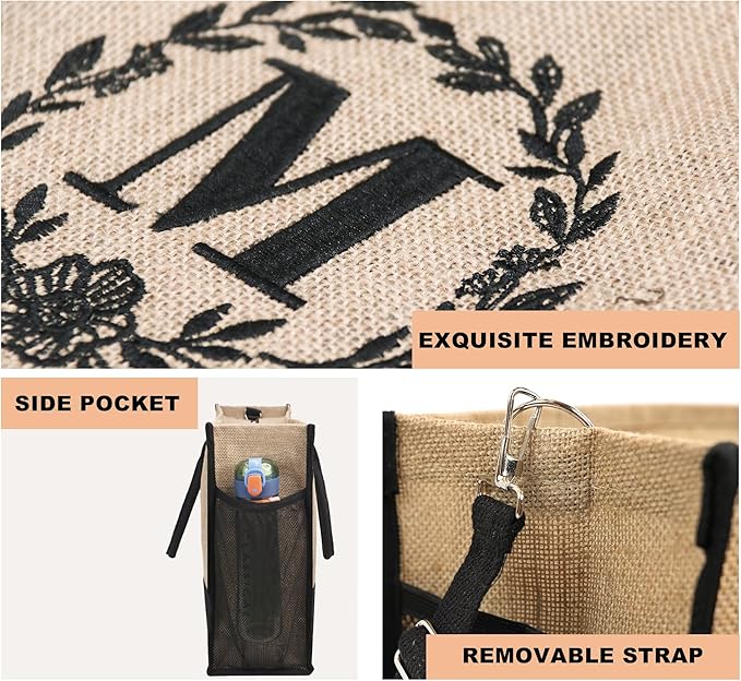 BeeGreen Embroidery Monogram Initial Tote Bag for Women Teacher Mom Friend Personalized Gift for Birthday Beach Work Wedding