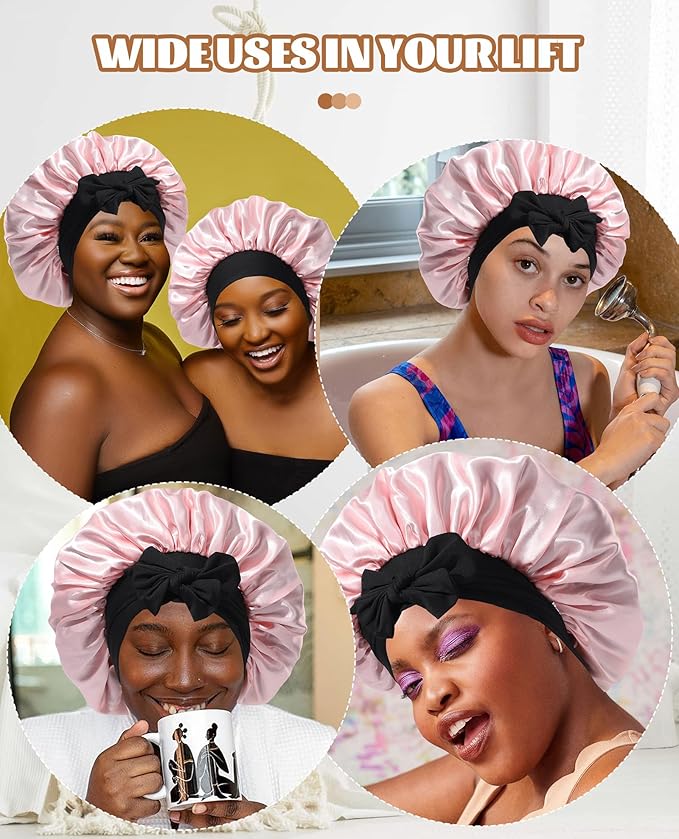 Satin Bonnet Silk Bonnet for Sleeping Silk Sleep Cap Double Layer Hair Bonnet with Elastic Tie Band for Curly Hair Night Cap (Black + Peach Pink)
