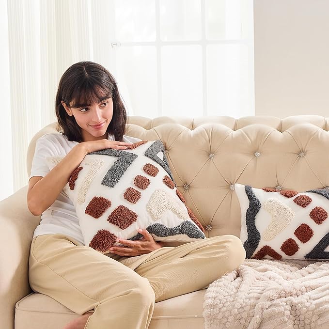 lifein 18x18 Pillow Covers-Throw Pillow Cover,Tufted Boho Jacquard Pillow Covers,Farmhouse Decorative Pillow Cover,Pillow Cases for Couch,Sofa,Bed,Chair,Living Room,Home Decor(18x18inch)