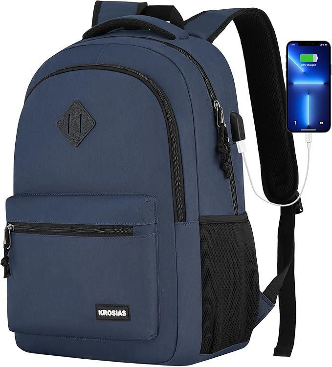 Backpack for Men and Women, School Backpack Teens Boys and Girls 15.6 Inch Laptop Bookbag with USB Charger for High School College Work Travel Business (Dark Blue)
