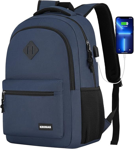 Backpack for Men and Women, School Backpack Teens Boys and Girls 15.6 Inch Laptop Bookbag with USB Charger for High School College Work Travel Business (Dark Blue)