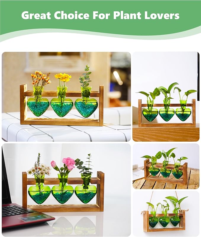 Nacome Plant Terrarium for Office Decor: Birthday Gifts for Plant Lovers Women Mom Wife - Wooden Stand Tabletop Planter 3 Bulb Glass Vase Heart Shaped for Hydroponics Indoor Home(Green)