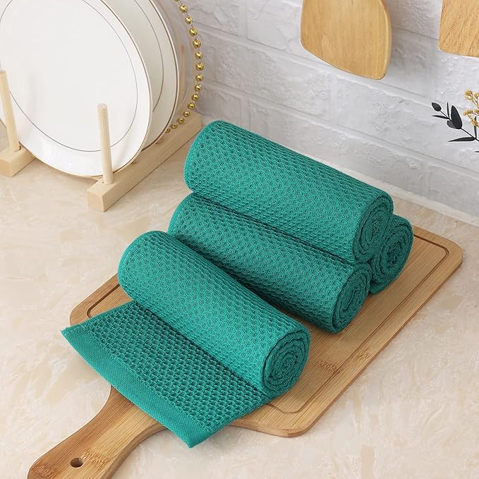 Homaxy 100% Cotton Waffle Weave Kitchen Towels, 13 x 28 Inches Super Absorbent and Machine Washable Dish Towels for Drying Dishes, 4-Packs, Green