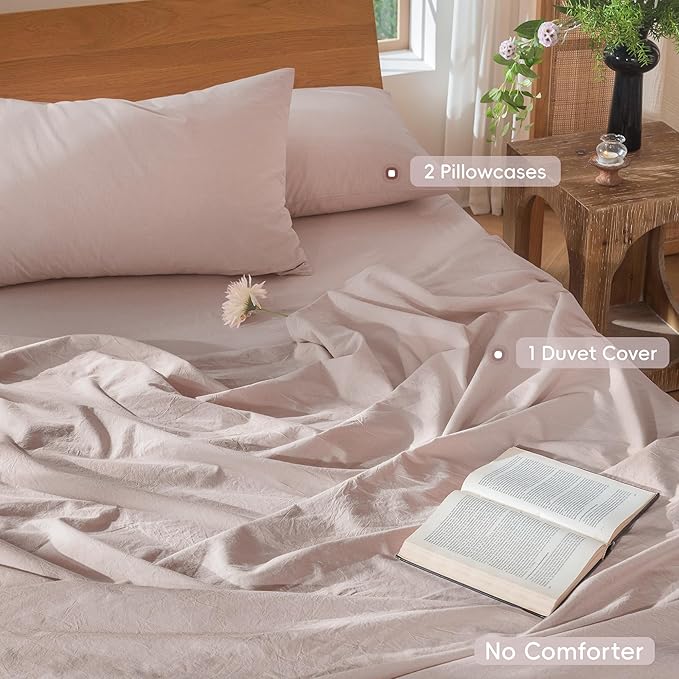 MooMee Bedding Duvet Cover Set 100% Washed Cotton Linen Like Textured Breathable Durable Soft Comfy (Heathered Greyish Pink, Full 80"x90")