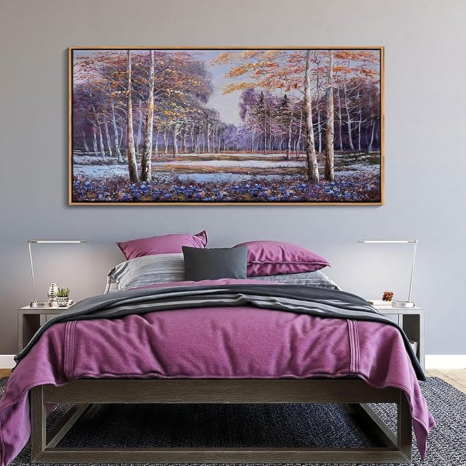 KLAKLA Large Purple Wall Art - Blue and Orange Nature Scenery Tree landscape Wall Decor Living Room Bedroom Forest Pictures Framed Artwork for Wall Blue Flower Wall Art
