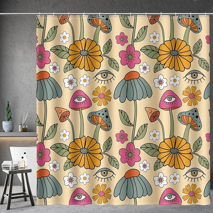 Aimego Boho Mushroom Shower Curtain - 60s 70s Retro Bohemian Flowers Eyes Floral Fabric Cloth Bath Shower Curtain Set with 12 Hooks for Bathroom Decor Accessories, 72"x72"