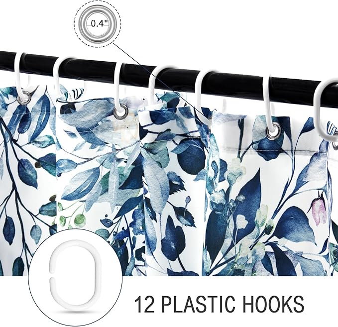 Gibelle Long Shower Curtain 72 x 78, Blue Floral Shower Curtain for Bathroom, Watercolor Plant Eucalyptus Leaves Fabric Shower Curtain Set with Hooks