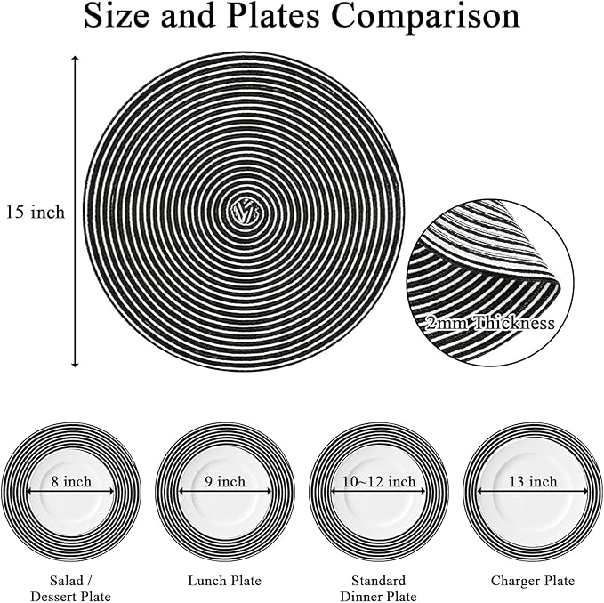 SHACOS 15 inch Round Braided Placemats Set of 6 Non Slip Washable Fabric Kitchen Table Place Mats Heat Resistant Table Mats for Home Wedding Party, Black White