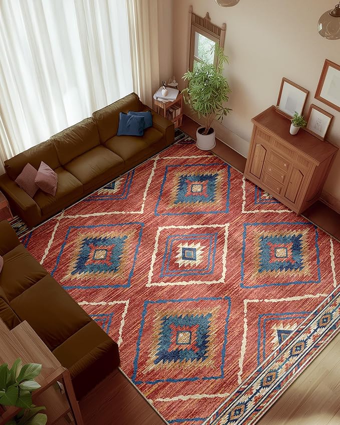 Area Rug 8x10 Rug Machine Washable Non-Slip Low Pile Print Pattern Western Rug for Living Room Bedroom Entryway Tribal Series -Red/Orange