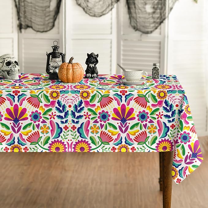 Horaldaily Mexico Tablecloth 60x84 Inch Rectangular, Halloween Cinco De Mayo Fiesta White Washable Seasonal Table Cover for Party Picnic Dinner Decor