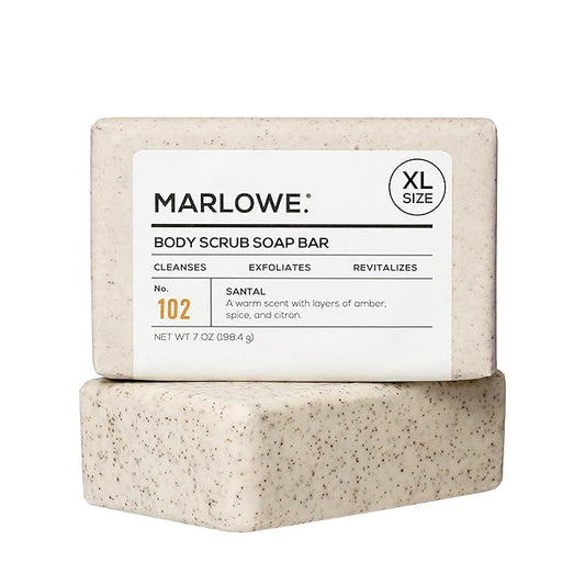 MARLOWE. No. 102 Body Scrub Soap 7 oz, Santal, Exfoliating Soap Bar with Shea Butter, Olive Oil & Green Tea Extracts, Cleanses, Smooths & Revitalizes Skin, Warm Amber, Spice & Citron Scent