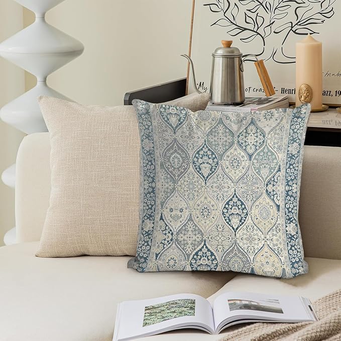 Boho Floral Throw Pillow Covers 16x16 inch Set of 2,Blue Boho Rug Geometric Floral Pattern Decor Double Sided Pattern Cushion Cover Soft Pillow Case Living Sofa Room Bed Square Pillow Cover