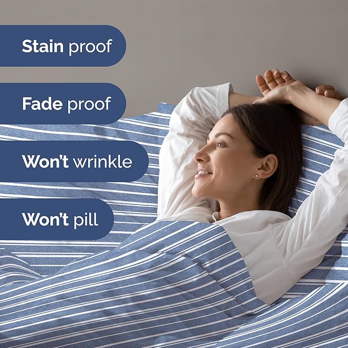 Duvet Cover Queen Size Set - Extra Soft Queen Size Duvet Cover 90 x 90 with 2 Pillow Shams - Hotel Luxury Easy Care & Fade Free w/Zipper Closures & Ties - Comfy Breathable Bedding Set (Blue Stripes)