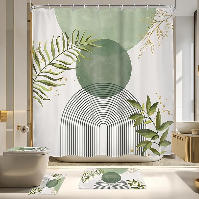 4 PCS Sage Green Boho 72Wx72H Shower Curtain Set Modern Leaves Mid Century Plant Bath Rug Toilet Lid Cover Nonslip U Shape Mat Quick Dry Rubber Backed Dirt Resistant Accessories Bathroom Decor