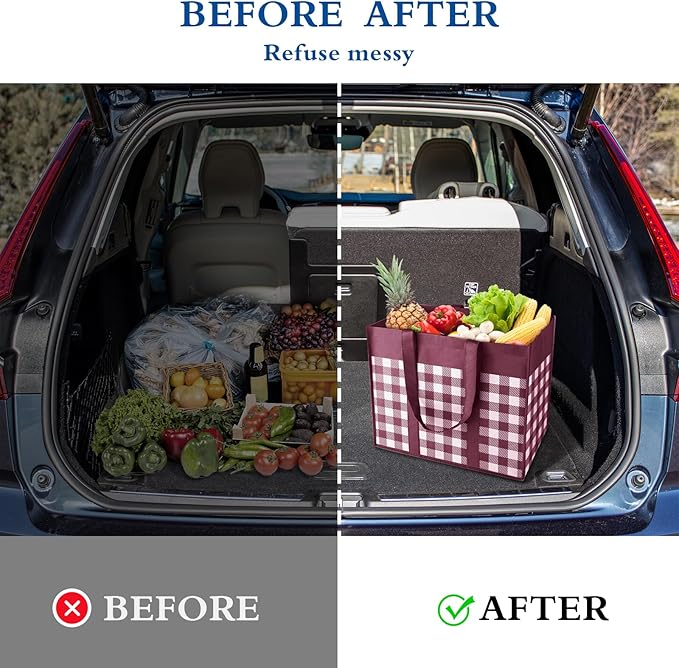 WISELIFE Reusable Grocery Shopping Bags 10 Pack Large Foldable Tote Bags Bulk, Long Handle for Shopping Groceries Clothes (Plaid C)