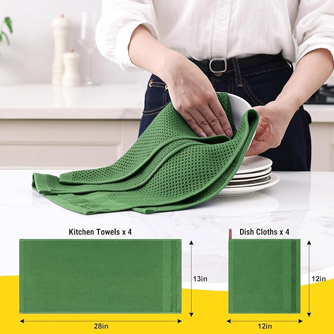 Homaxy Kitchen Towels and Dishcloths Set, 12 x 12 and 13 x 28 Inches, Set of 8 100% Cotton Waffle Weave Kitchen Towels, Super Soft and Absorbent Dish Cloths, Grass Green