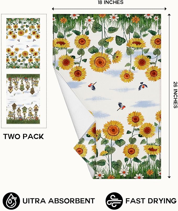 Microfiber Kitchen Towels - Set of 2 Dish Towels for Kitchen 18 x 26 Inch Home Decoration Farm Sunflower Cute Spring Hand Towels Soft & Absorbent Aesthetic Design