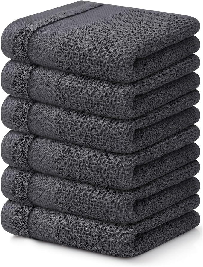 Homaxy 100% Cotton Waffle Weave Kitchen Towels, 13 x 28 Inches Super Absorbent and Machine Washable Dish Towels for Drying Dishes, 6-Packs, Dark Grey