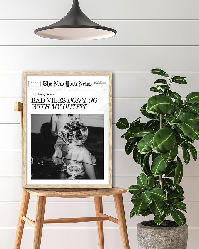 EcoHest Trendy Newspaper Magazine Framed Wall Art, 12x16 in OAK Wood Bad Vibes Don't Go With My Outfit Disco Bar Canvas Wall Art, Preppy Retro Home Decor For Bedroom Living Room 1Pack