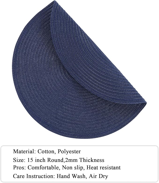 SHACOS 15 inch Navy Blue Round Placemats Set of 12 for Dining Table Woven Braided Circle Place Mats Kitchen Placemat Washable Table Mats