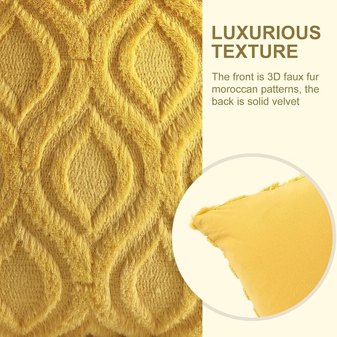 decorUhome Throw Pillow Covers 26x26 Inch Set of 2, Soft Plush Decorative Faux Fur Mustard Yellow Solid Couch Pillow Covers, Accent Farmhouse Neutral Square Euro Pillow Cases for Sofa Bed Living Room