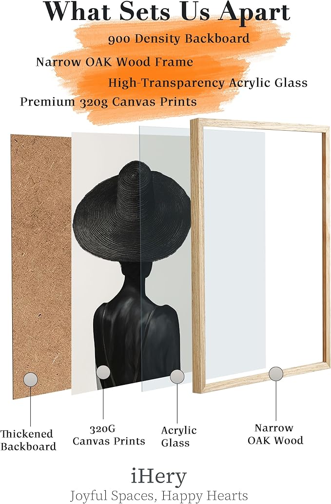 iHery Natural OAK Wood Black Girl Framed Wall Art, 12x16 in Black and White Modern Canvas Wall Art, Trendy African American Black Bedroom Decor, Set of 1 For Bathroom Living Room