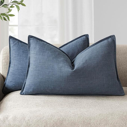 Foindtower Pack of 2, Decorative Linen Soild Throw Pillow Covers Accent Lumbar Cushion Case Boho Farmhouse Pillowcase for Chair Couch Sofa Bedroom Living Room Home Decor 12x20 Inch Dark Blue