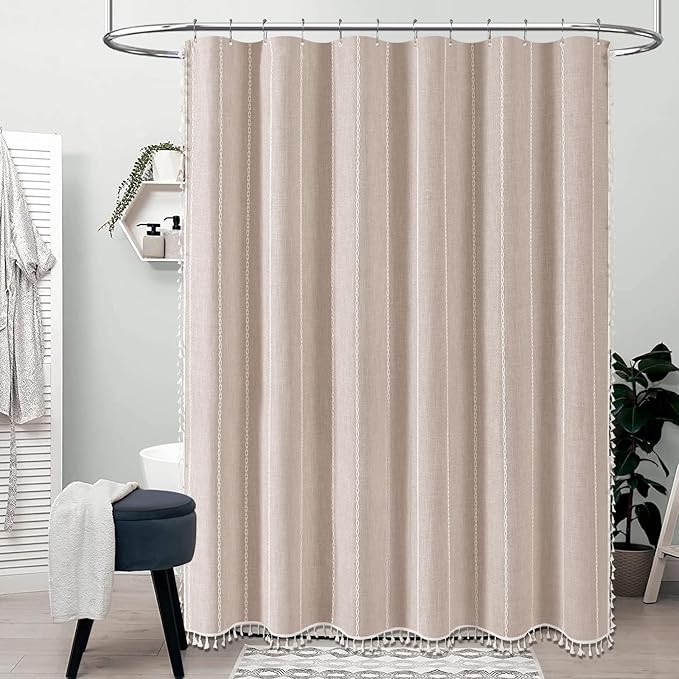BTTN Extra Long Shower Curtain, 72x96 Long Striped Boho Chic Linen Fabric Heavy Duty Shower Curtain Set with Hooks, Tall Bohemian Farmhouse Luxury Tassel Cloth Shower Curtains for Bathroom, Tan/Taupe