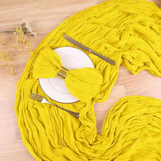 13.3FT Light Yellow Cheesecloth Table Runner Transparent Boho Table Runner Rustic Gauze Wedding Dining Table Decorations for Holiday Birthday Party Baby Shower Event Decorations