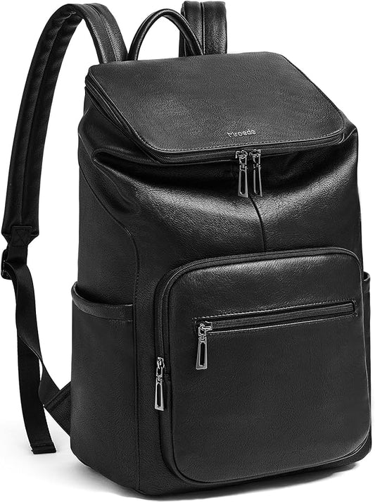 Leather Laptop Backpack for Women, 15.6 Inch Travel Backpack with Laptop Compartment, Casual Daypack Fashion Travel Backpack Purse for Travel College Work, Black