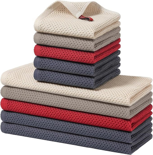 Homaxy 100% Cotton Kitchen Towels and Dishcloths Set, 12 x 12 Inches and 13 x 28 Inches, Set of 10 Bulk Kitchen Towels Set, Ultra Soft Absorbent Dish Cloths for Washing Dishes, Mixed Color