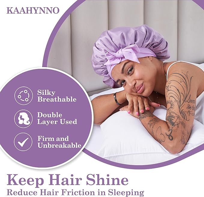 Silk Satin Bonnet Hair Wrap for Sleeping Women, Adjustable Tie Band Double Layer Sleep Night Head Cover for Curly Braid Fine