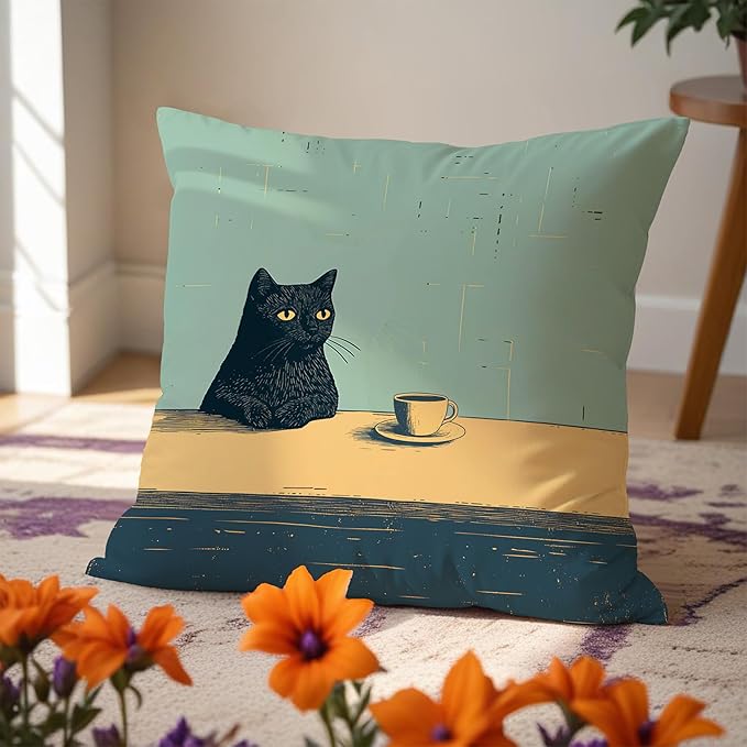 Black Cat Throw Pillow Covers 18x18, Aesthetic Black Cat Art Painting Decor Pillow Covers, Vintage Cats Drinking Coffee Decor for Room Bedroom