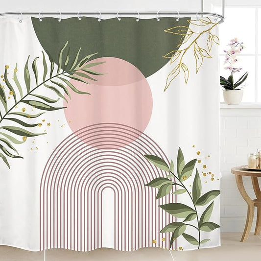 Green Pink Boho Shower Curtain 72Wx72H Modern Bohemian Abstract Sage Green Gold Leaves Plant Botanical Minimalist Bathroom Decor Geometric Neutral Bath Curtain Fabric Polyester 12 Pack Hook