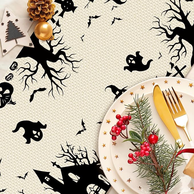 Halloween Burlap Table Runner Seasonal Spring Fall Kitchen Dining Linen Table Decoration for Indoor Outdoor Home Party Dinner 13x72 Inch