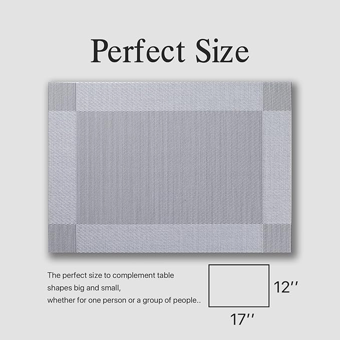 Placemats Set of 12 - Easy Clean Woven Vinyl Placemats for Dining Table, Indoor/Outdoor Place Mats, Washable PVC Table Mats （Silver Cube）