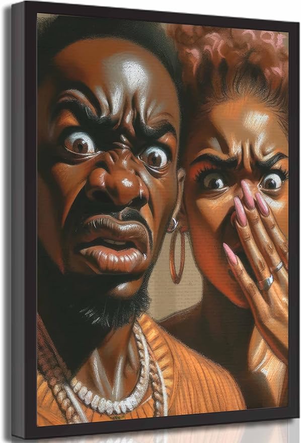 JASMIE Funny African American Bathroom Canvas Wall Art Humor Afrocentric Black Couple Unpleasant Smell Cover Nose Painting Pictures Wall Decor Print Artwork for Washroom Toilet Home Unframed