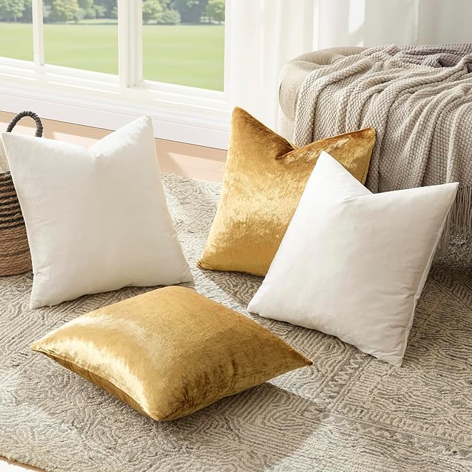 GIGIZAZA Velvet Pillow Covers 16x16,Ivory Gold Soft Throw Pillow Covers Set of 4 Square Decorative Modern Pillows Covers for Living Room