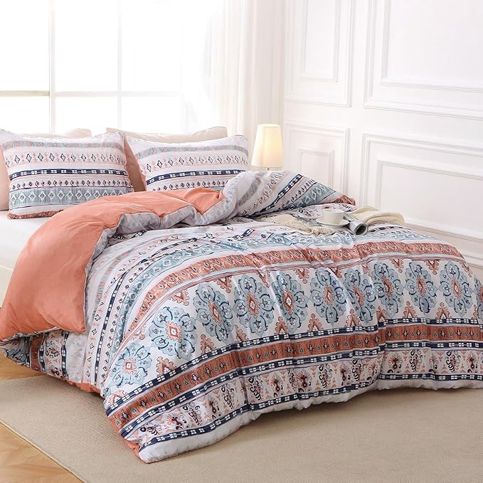 MUXHOMO Duvet Cover King Size, Reversible Floral Vintage Duvet Cover Set with Zipper Closure, 3 Pieces Botanical Patterns Soft Microfiber Bedding Set (90"x104", 2 Pillow Cases 20"×36", Boho Pink)