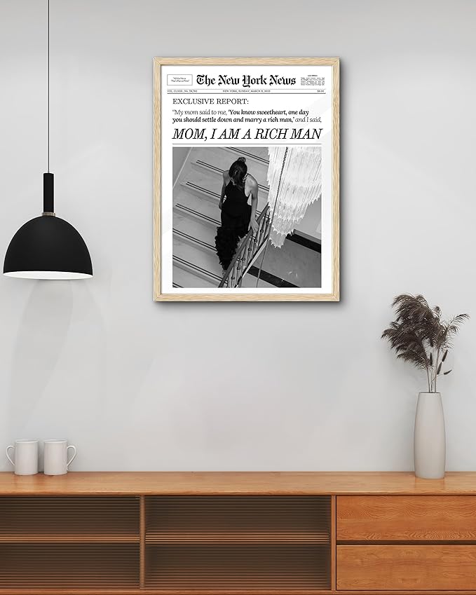 EcoHest Trendy Newspaper Framed Wall Art, Large 16x20 in OAK Wood Mom I Am a Rich Man Canvas Art, Magazine Girly Poster College Dorm Decor, Beige Logs Set of 1 for Bedroom Living Room